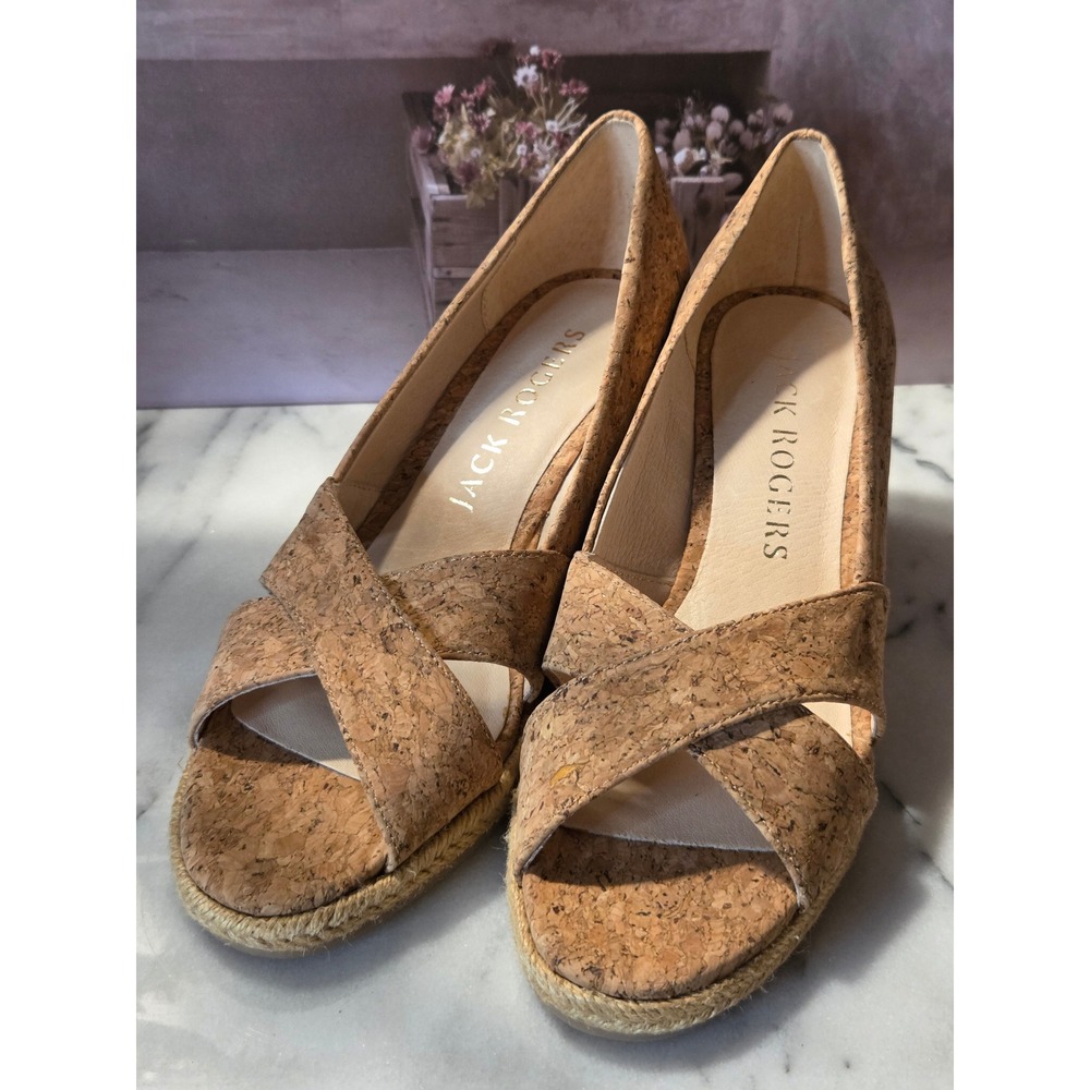 Jack Rogers Cork Espadrille Wedge Sandals Tan Crisscross Straps Womens Size 8